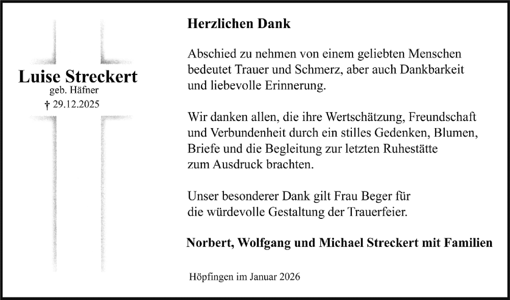  Traueranzeige für Luise Streckert vom 29.01.2026 aus Fränkische Nachrichten