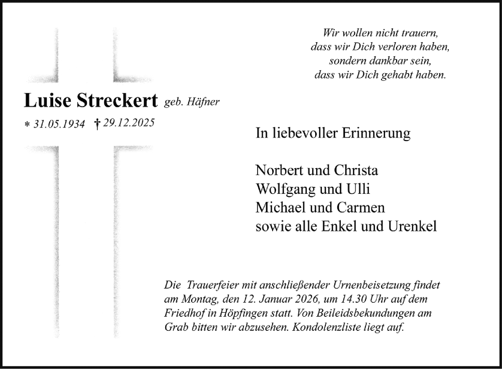  Traueranzeige für Luise Streckert vom 08.01.2026 aus Fränkische Nachrichten