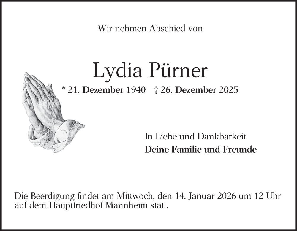  Traueranzeige für Lydia Pürner vom 10.01.2026 aus Mannheimer Morgen