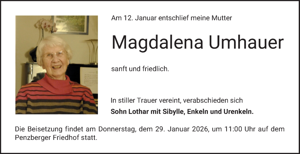  Traueranzeige für Magdalena Umhauer vom 24.01.2026 aus Bergsträßer Anzeiger