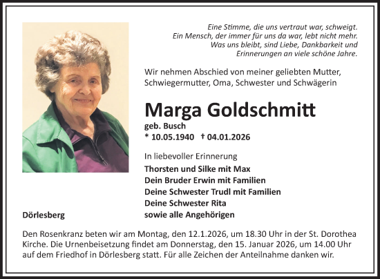 Traueranzeige von Marga Goldschmitt von Fränkische Nachrichten