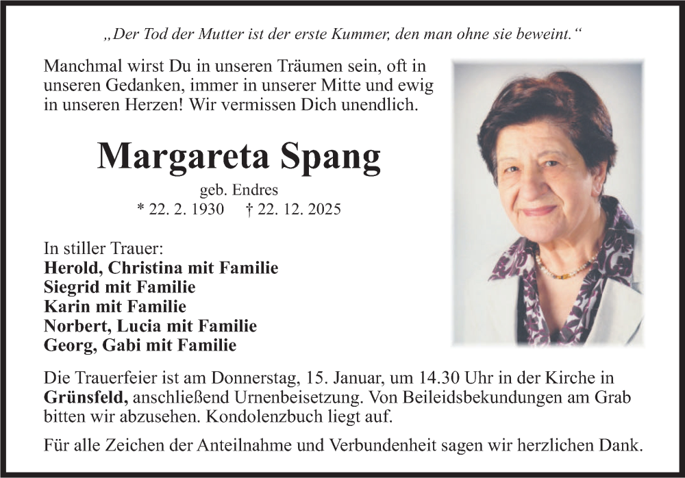  Traueranzeige für Margareta Spang vom 10.01.2026 aus Fränkische Nachrichten
