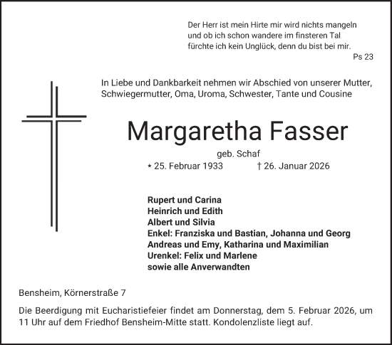 Traueranzeige von Margaretha Fasser von Bergsträßer Anzeiger