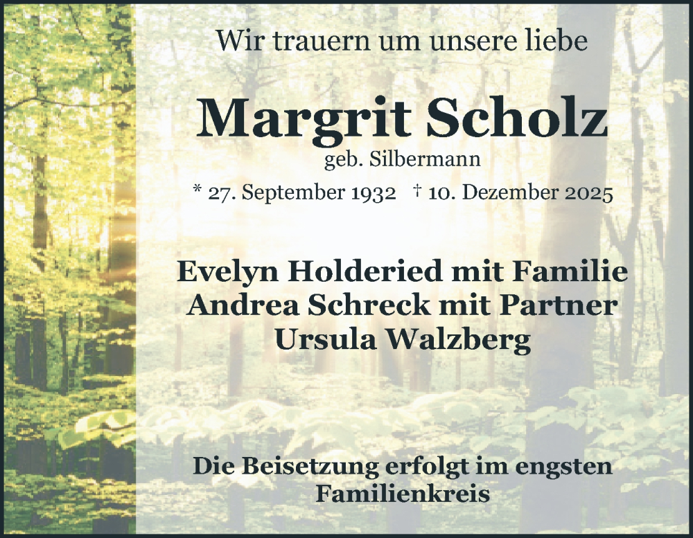  Traueranzeige für Margrit Scholz vom 10.01.2026 aus Schwetzinger Zeitung