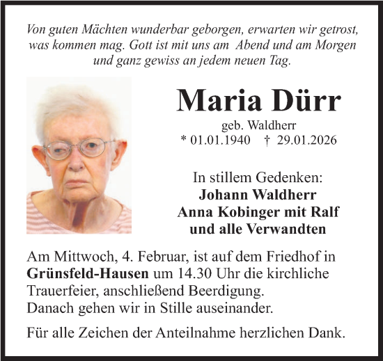 Traueranzeige von Maria Dürr von Fränkische Nachrichten