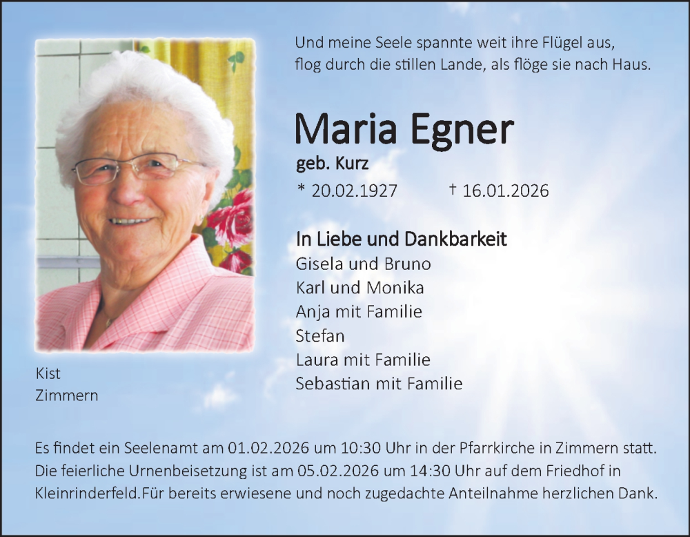  Traueranzeige für Maria Egner vom 31.01.2026 aus Fränkische Nachrichten