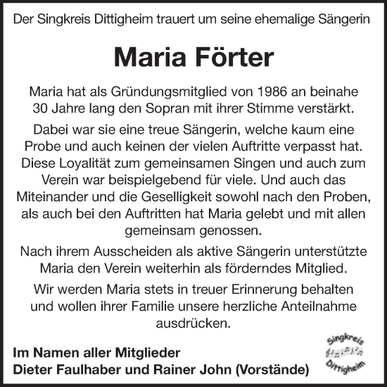 Traueranzeige von Maria Förter von Fränkische Nachrichten