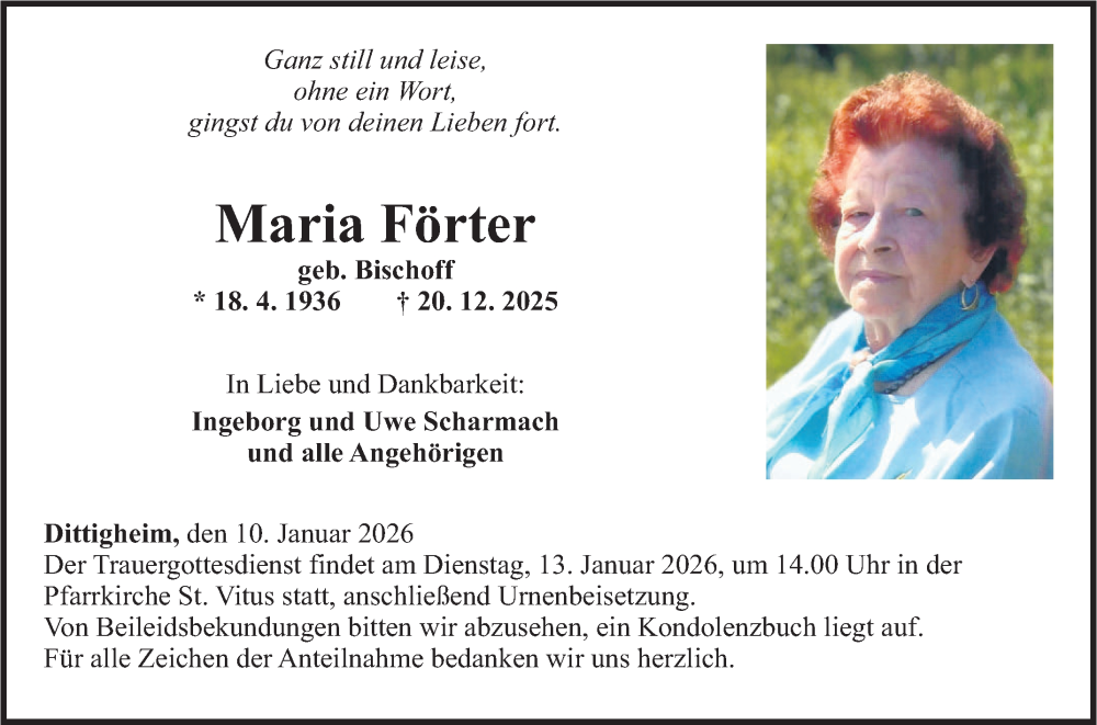 Traueranzeige für Maria Förter vom 10.01.2026 aus Fränkische Nachrichten