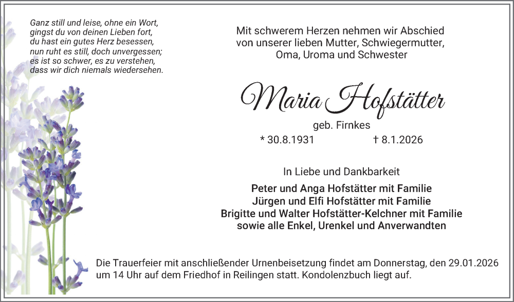  Traueranzeige für Maria Hofstätter vom 17.01.2026 aus Schwetzinger Zeitung