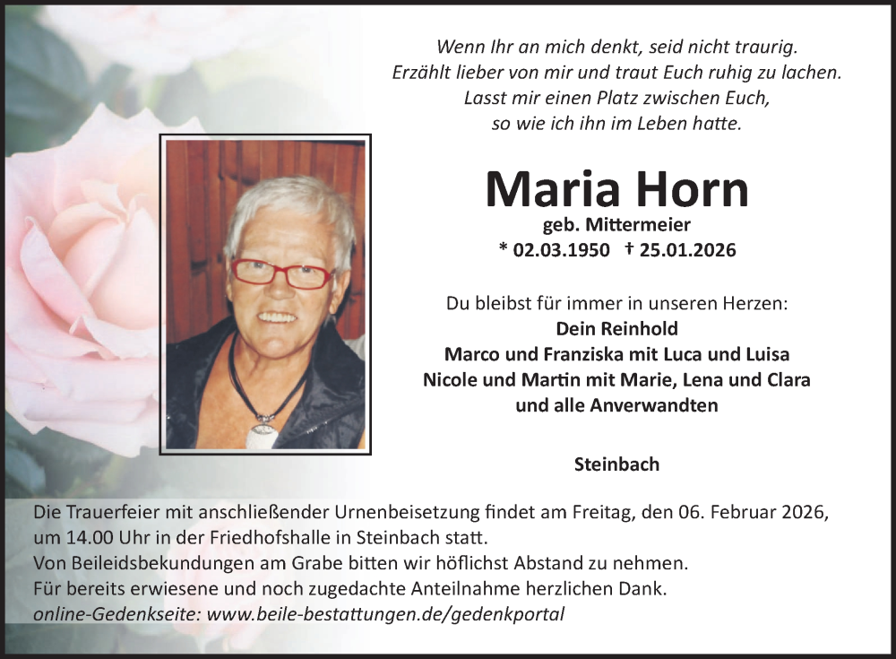  Traueranzeige für Maria Horn vom 31.01.2026 aus Fränkische Nachrichten