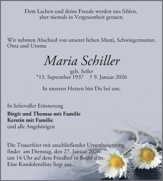 Traueranzeige von Maria Schiller von Schwetzinger Zeitung