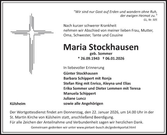 Traueranzeige von Maria Stockhausen von Fränkische Nachrichten