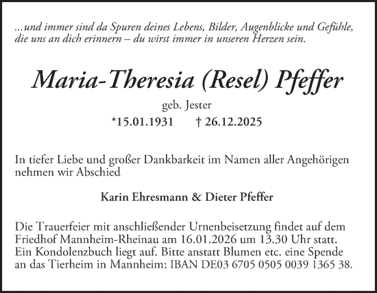 Traueranzeige von Maria-Theresia Pfeffer von Mannheimer Morgen