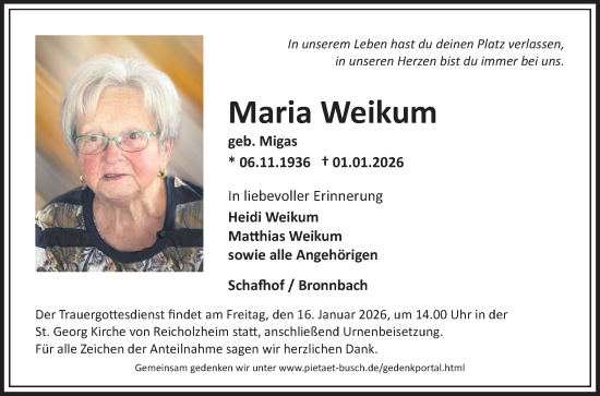 Traueranzeige von Maria Weikum von Fränkische Nachrichten