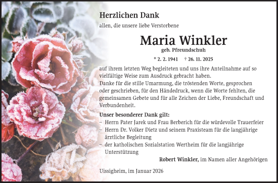 Traueranzeige von Maria Winkler von Fränkische Nachrichten