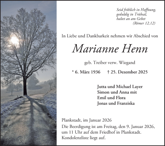 Traueranzeige von Marianne Henn von Schwetzinger Zeitung