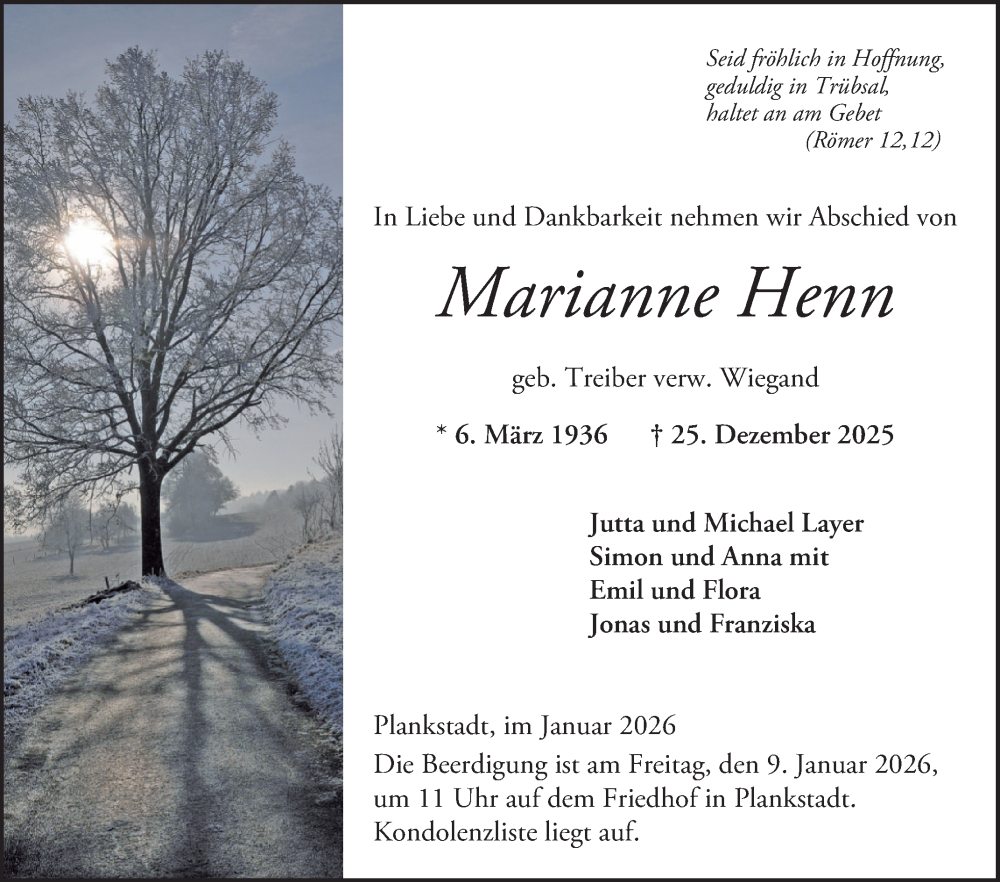  Traueranzeige für Marianne Henn vom 03.01.2026 aus Schwetzinger Zeitung