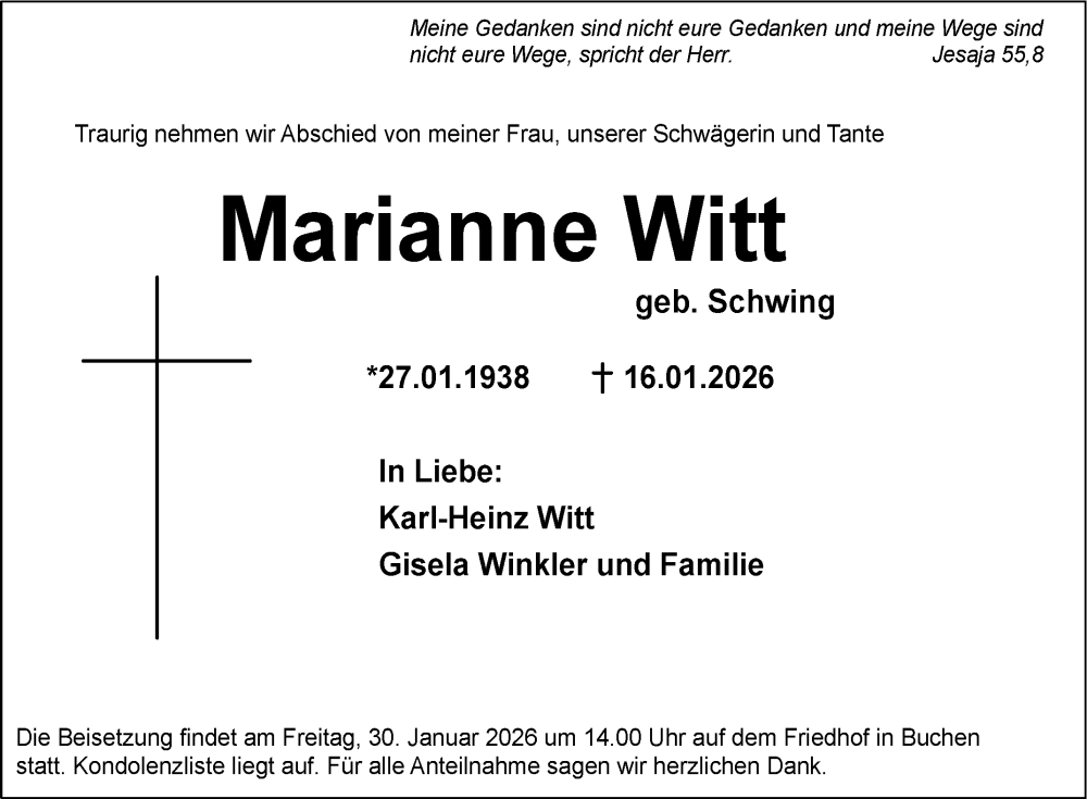  Traueranzeige für Marianne Witt vom 24.01.2026 aus Fränkische Nachrichten