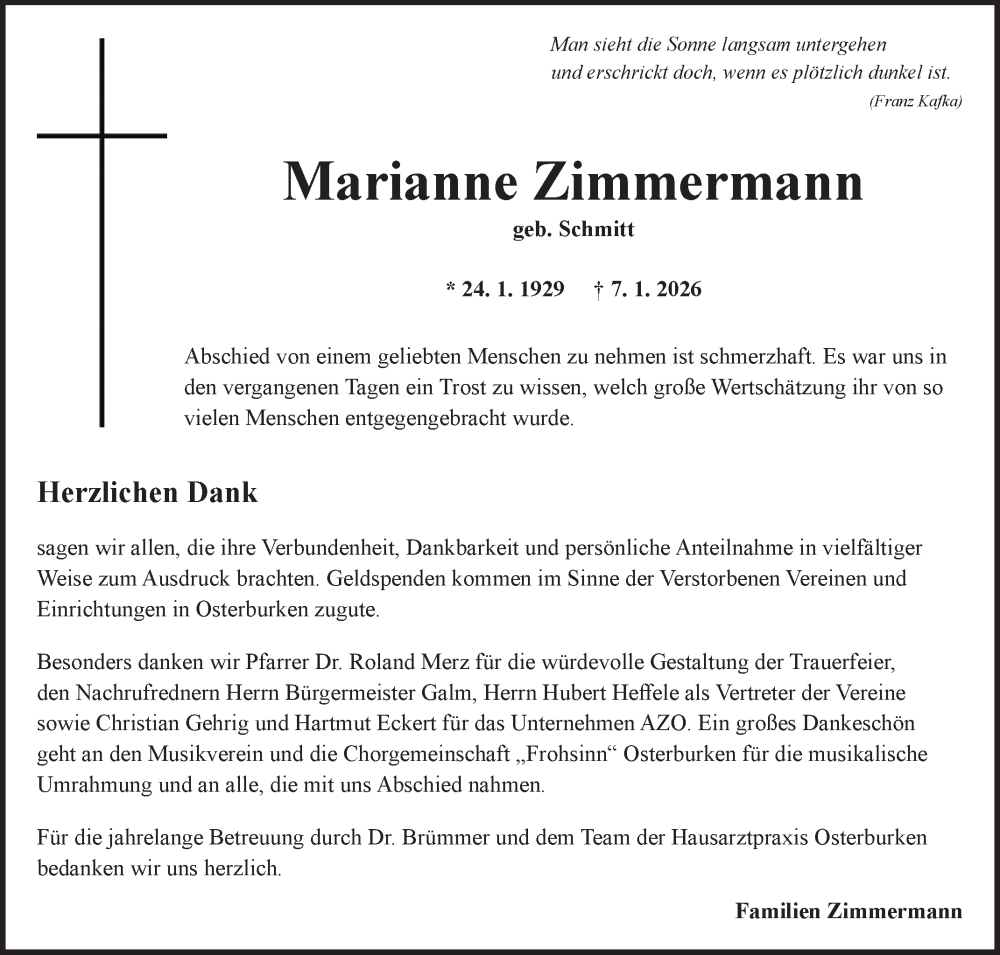  Traueranzeige für Marianne Zimmermann vom 24.01.2026 aus Fränkische Nachrichten