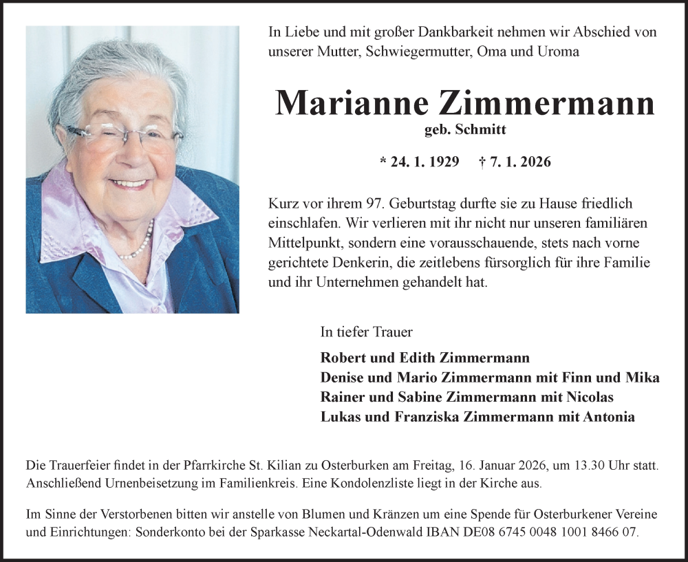 Traueranzeige für Marianne Zimmermann vom 10.01.2026 aus Fränkische Nachrichten