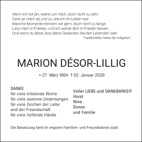 Traueranzeige von Marion Désor-Lillig von Fränkische Nachrichten