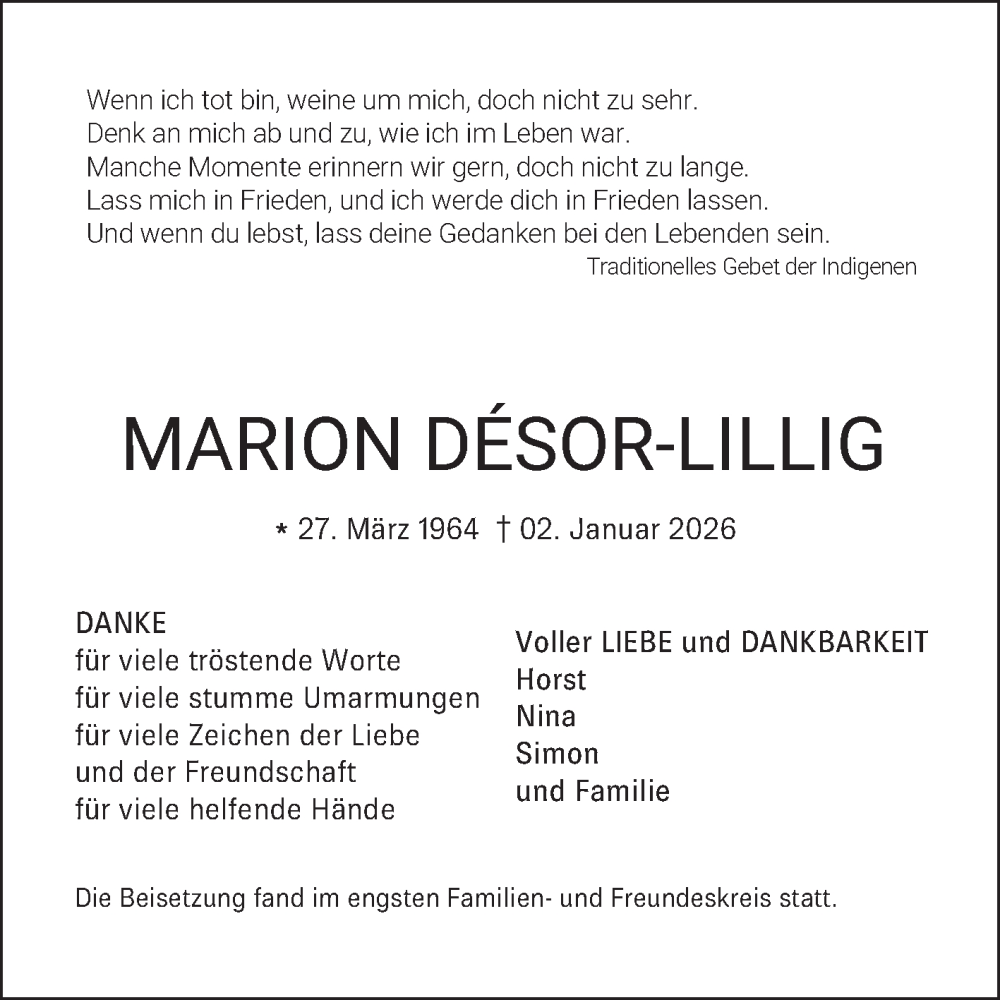  Traueranzeige für Marion Désor-Lillig vom 31.01.2026 aus Fränkische Nachrichten
