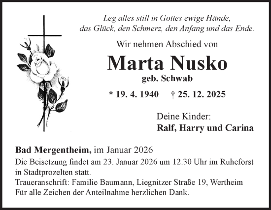 Traueranzeige von Marta Nusko von Fränkische Nachrichten