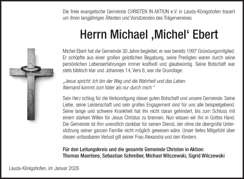  Traueranzeige für Michael Ebert vom 24.01.2026 aus Fränkische Nachrichten