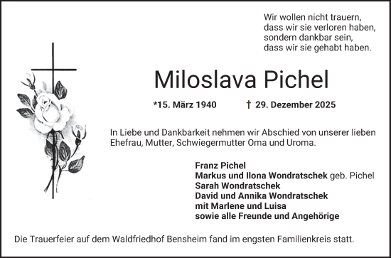 Traueranzeige von Miloslava Pichel von Bergsträßer Anzeiger