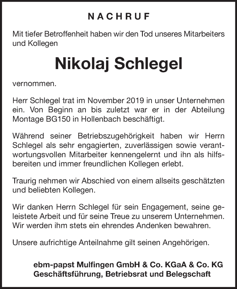  Traueranzeige für Nikolaj Schlegel vom 17.01.2026 aus Fränkische Nachrichten