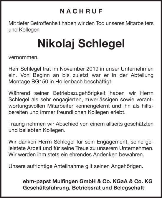 Traueranzeige von Nikolaj Schlegel von Fränkische Nachrichten