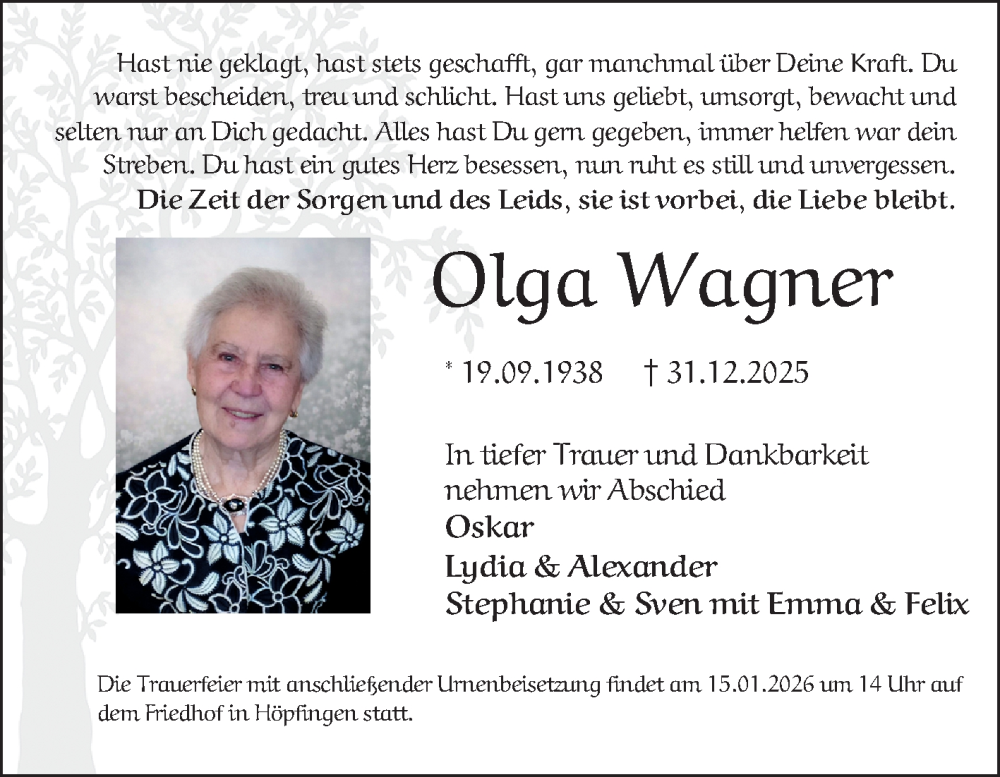  Traueranzeige für Olga Wagner vom 09.01.2026 aus Fränkische Nachrichten