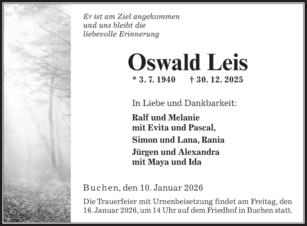  Traueranzeige für Oswald Leis vom 10.01.2026 aus Fränkische Nachrichten