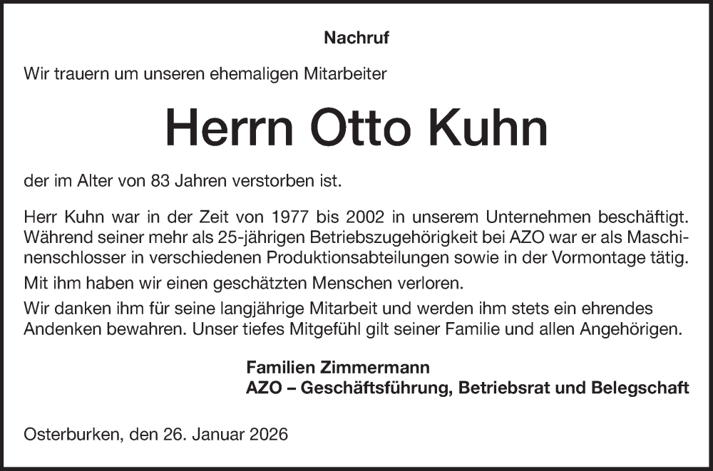  Traueranzeige für Otto Kuhn vom 27.01.2026 aus Fränkische Nachrichten