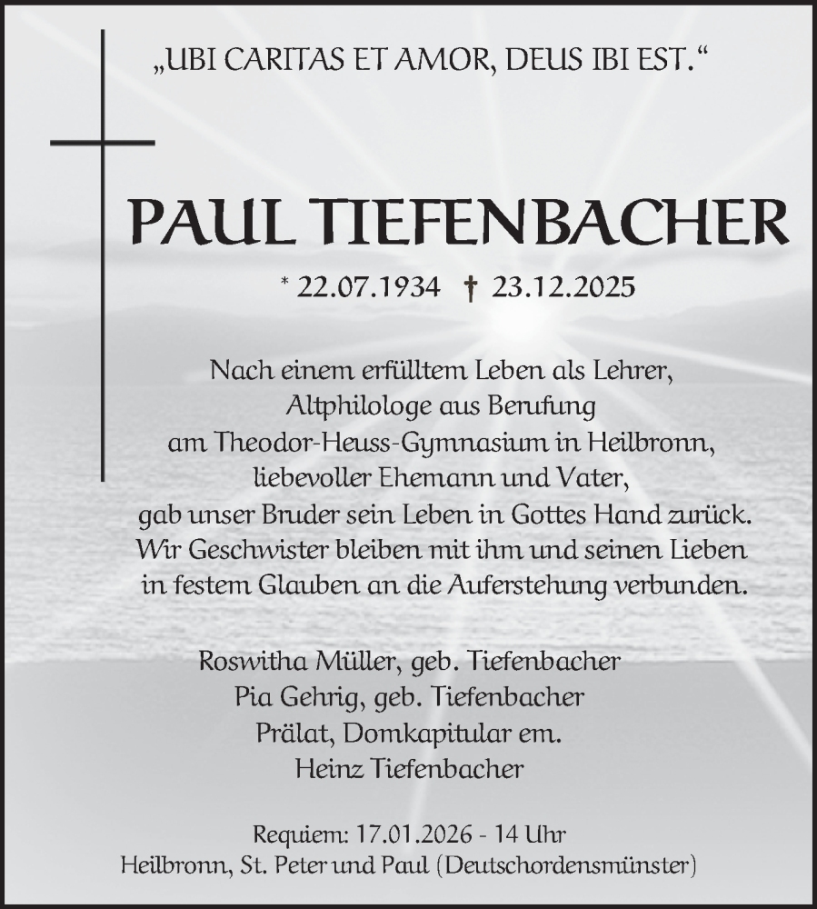  Traueranzeige für Paul Tiefenbacher vom 15.01.2026 aus Fränkische Nachrichten