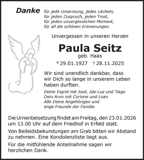 Traueranzeige von Paula Seitz von Fränkische Nachrichten