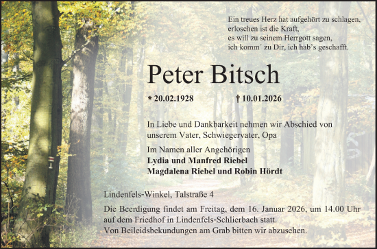 Traueranzeige von Peter Bitsch von Bergsträßer Anzeiger