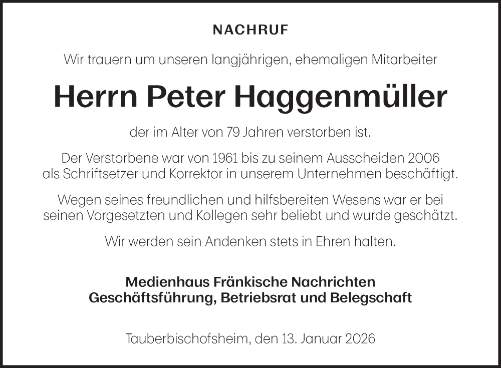  Traueranzeige für Peter Haggenmüller vom 13.01.2026 aus Fränkische Nachrichten