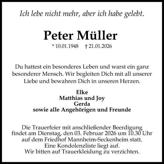 Traueranzeige von Peter Müller von Mannheimer Morgen