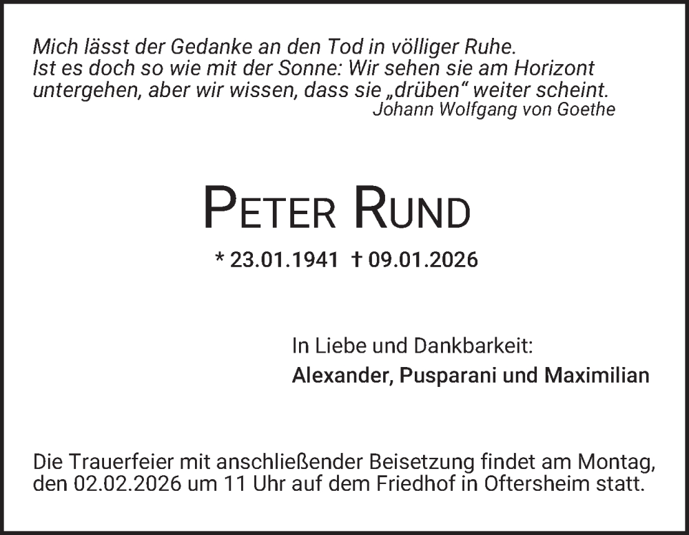  Traueranzeige für Peter Rund vom 26.01.2026 aus Mannheimer Morgen