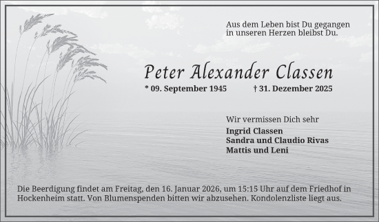 Traueranzeige von Peter Alexander Classen von Schwetzinger Zeitung