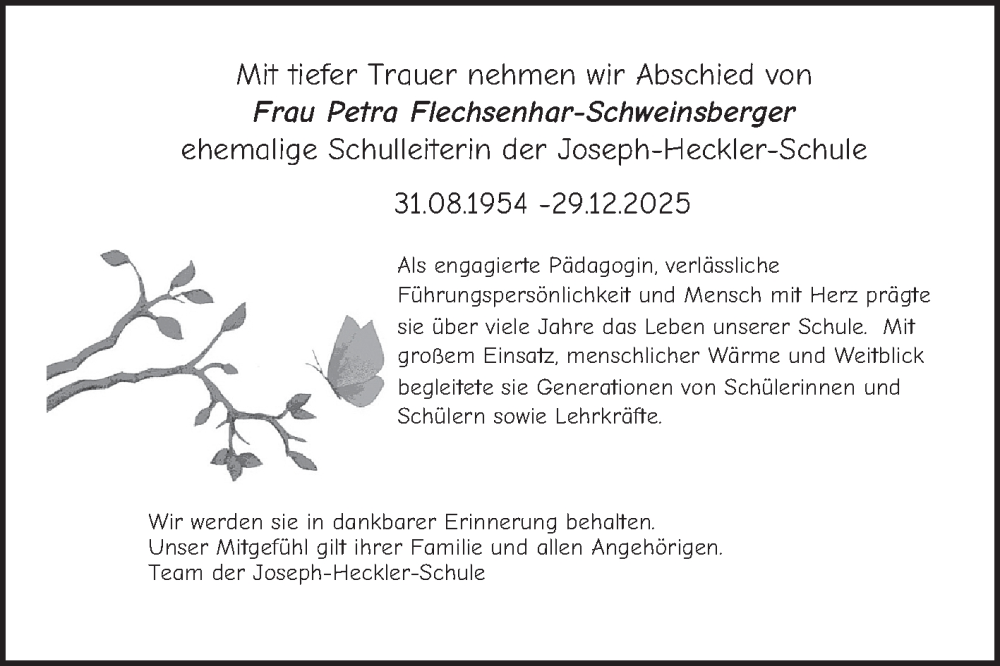  Traueranzeige für Petra Flechsenhar-Schweinsberger vom 14.01.2026 aus Bergsträßer Anzeiger