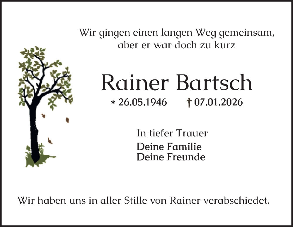 Traueranzeige für Rainer Bartsch vom 24.01.2026 aus Mannheimer Morgen