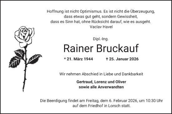 Traueranzeige von Rainer Bruckauf von Bergsträßer Anzeiger