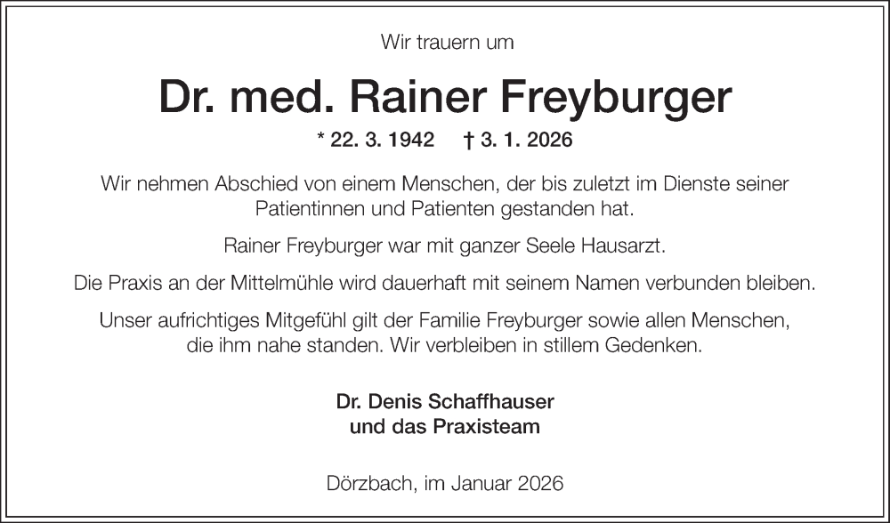  Traueranzeige für Rainer Freyburger vom 13.01.2026 aus Fränkische Nachrichten