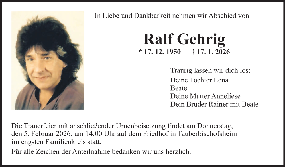 Traueranzeige für Ralf Gehrig vom 24.01.2026 aus Fränkische Nachrichten