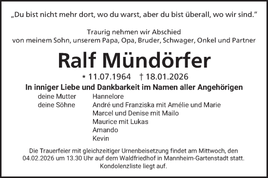 Traueranzeige von Ralf Mündörfer von Mannheimer Morgen