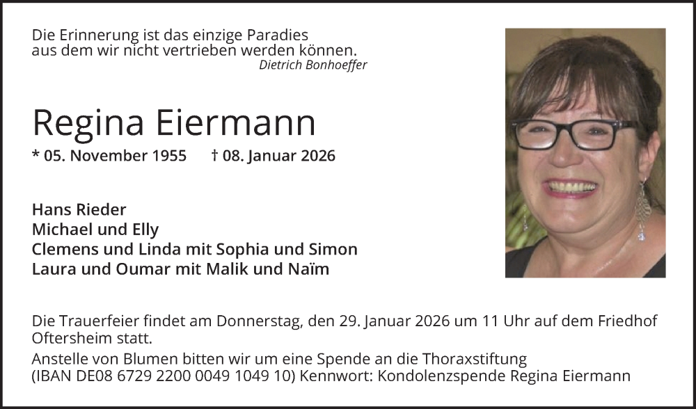  Traueranzeige für Regina Eiermann vom 24.01.2026 aus Schwetzinger Zeitung