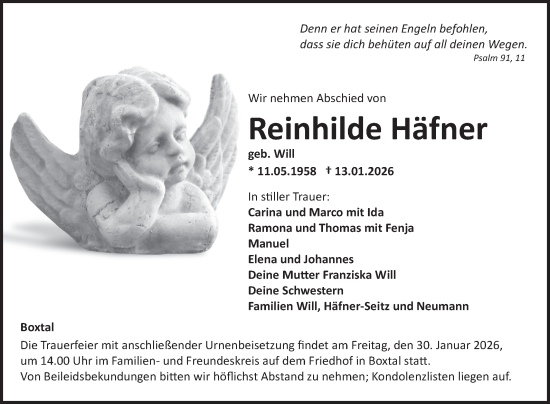 Traueranzeige von Reinhilde Häfner von Fränkische Nachrichten