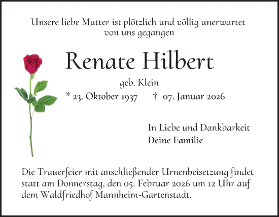 Traueranzeige von Renate Hilbert von Mannheimer Morgen